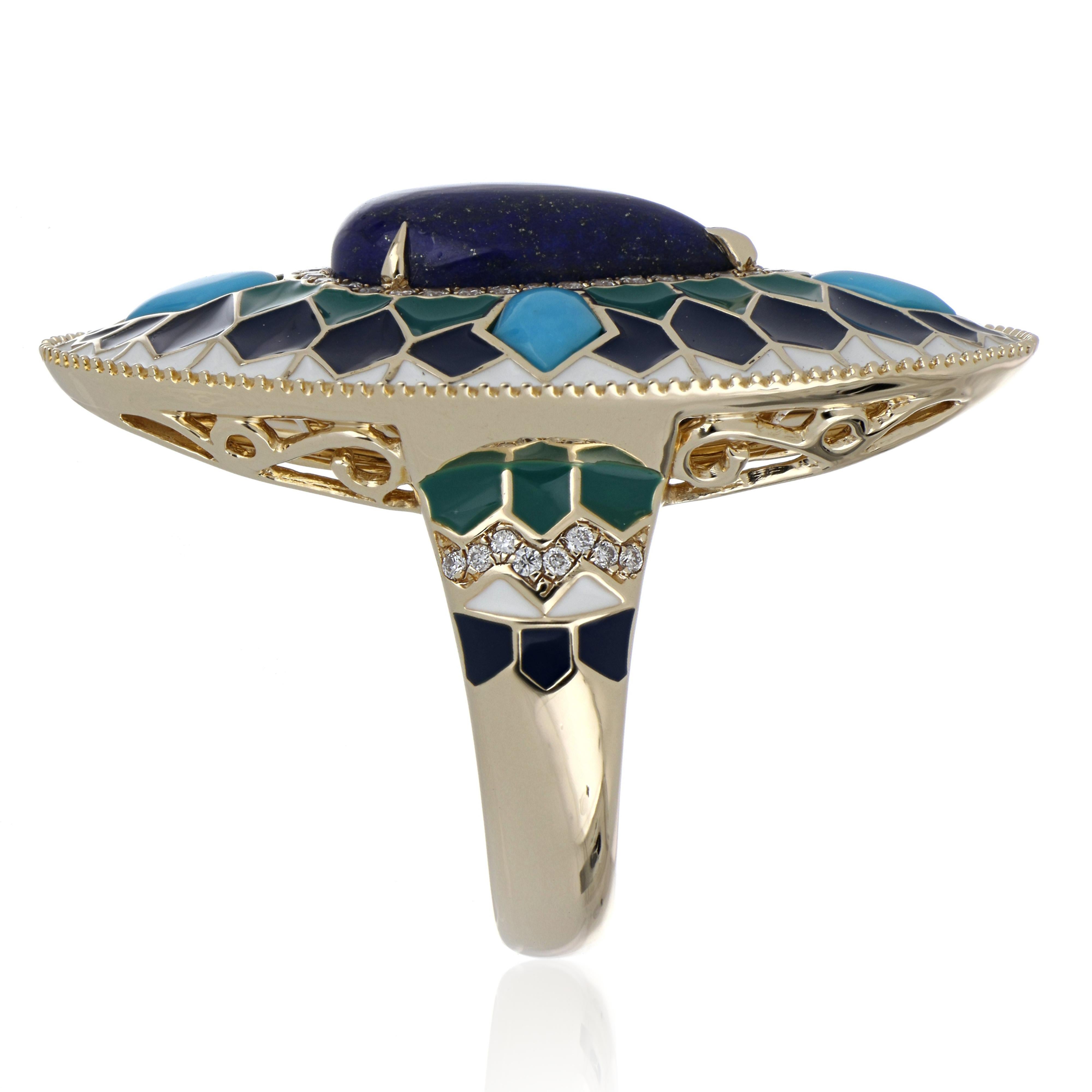 Women's Lapis and Turquoise Studded Enamel Ring in 14 Karat Gold For Sale