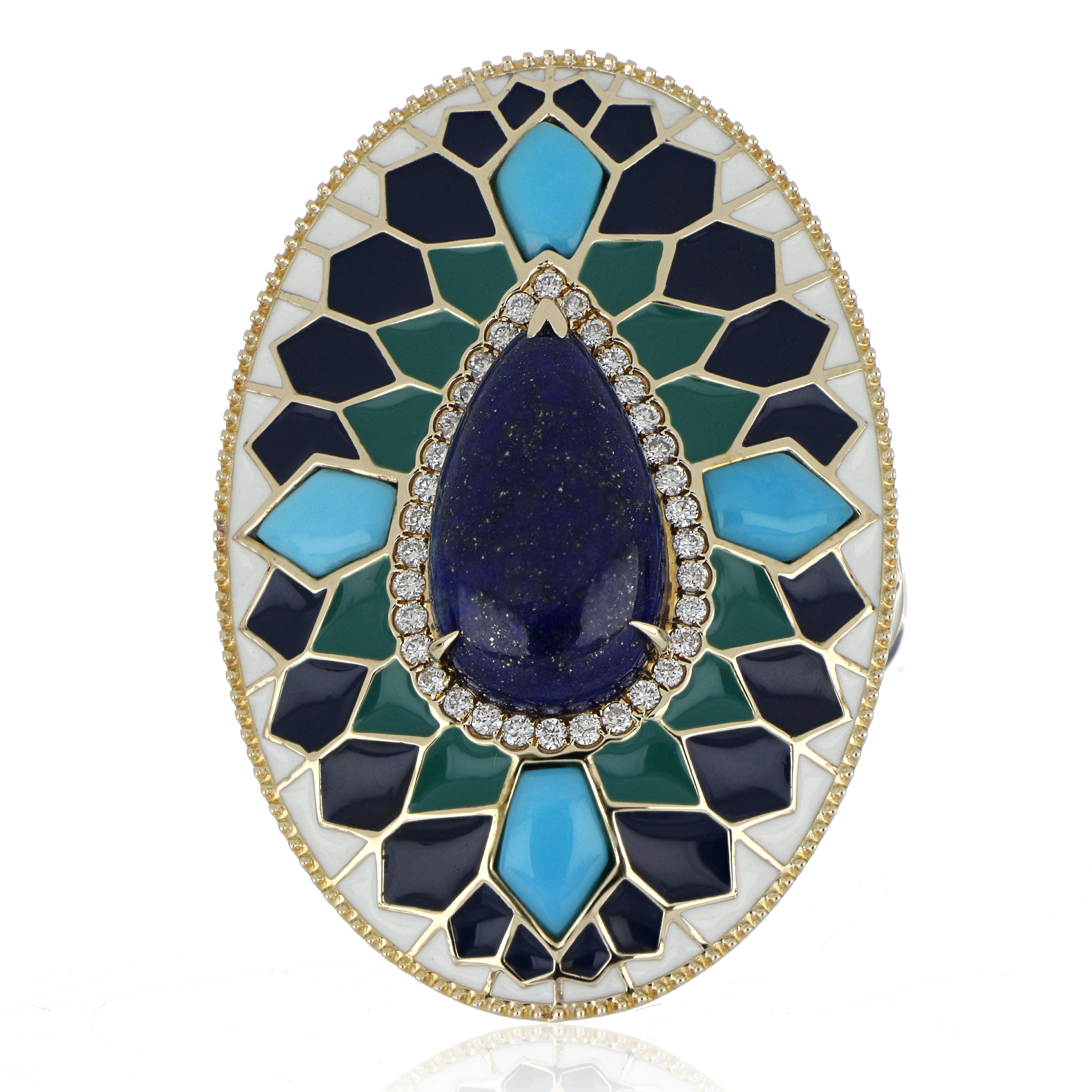 Elegant and exquisite Multi Color Enamel Cocktail 14 K Ring, center set with 3.15 Cts. Cabochon Pear Lapis Lazuli, Surrounded with special cut Turquoise 0.86 Cts accented with Diamonds, weighing approx. 0.24 Cts. Beautifully Hand crafted in 14 Karat