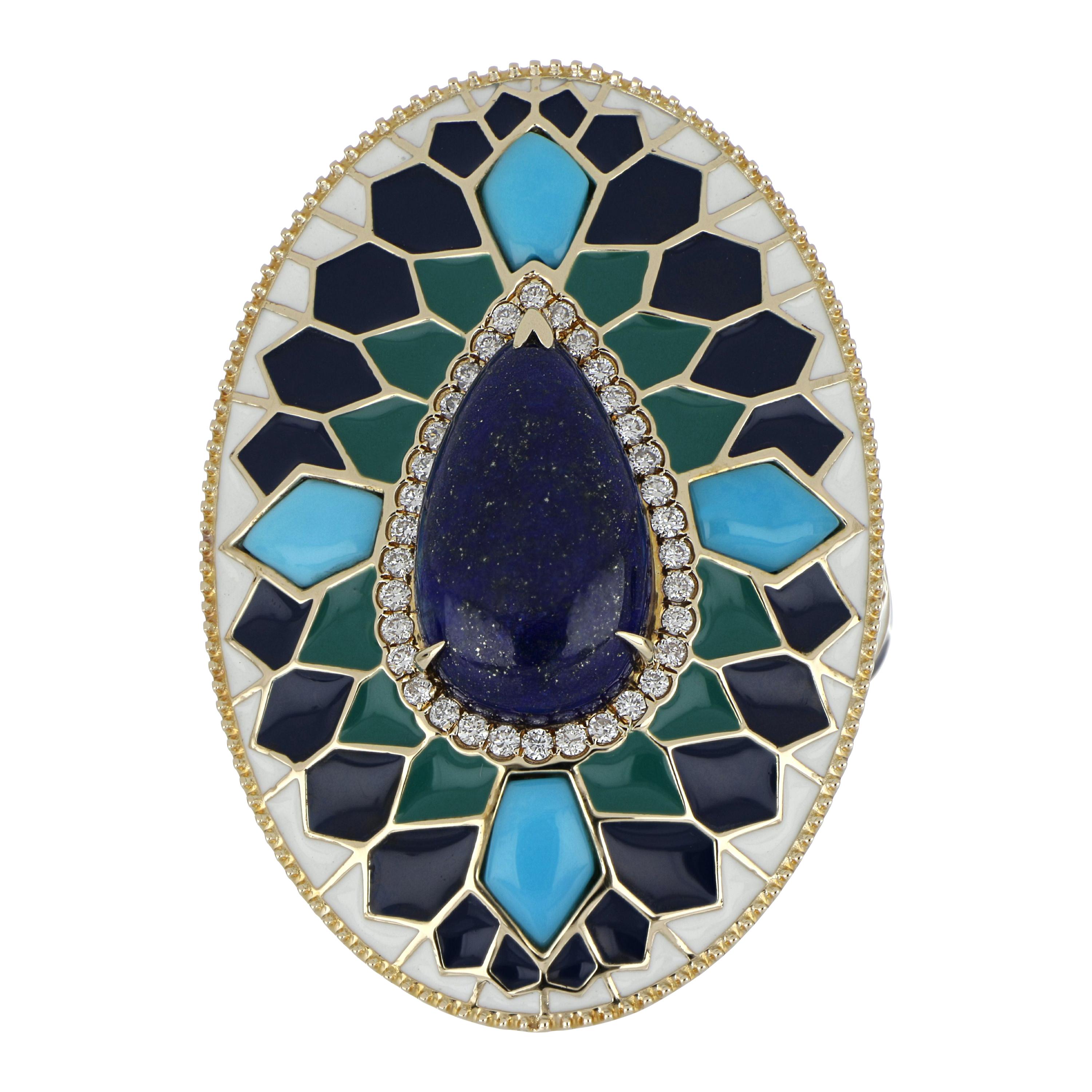Lapis and Turquoise Studded Enamel Ring in 14 Karat Gold