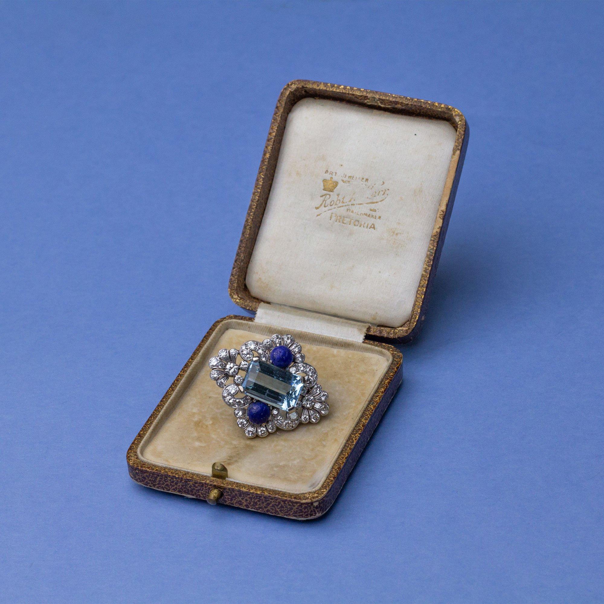Lapis, Aquamarine and Diamond Brooch Pin In Good Condition For Sale In Brisbane, QLD