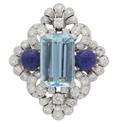 Vintage Lapis, Aquamarine and Diamond Brooch Pin