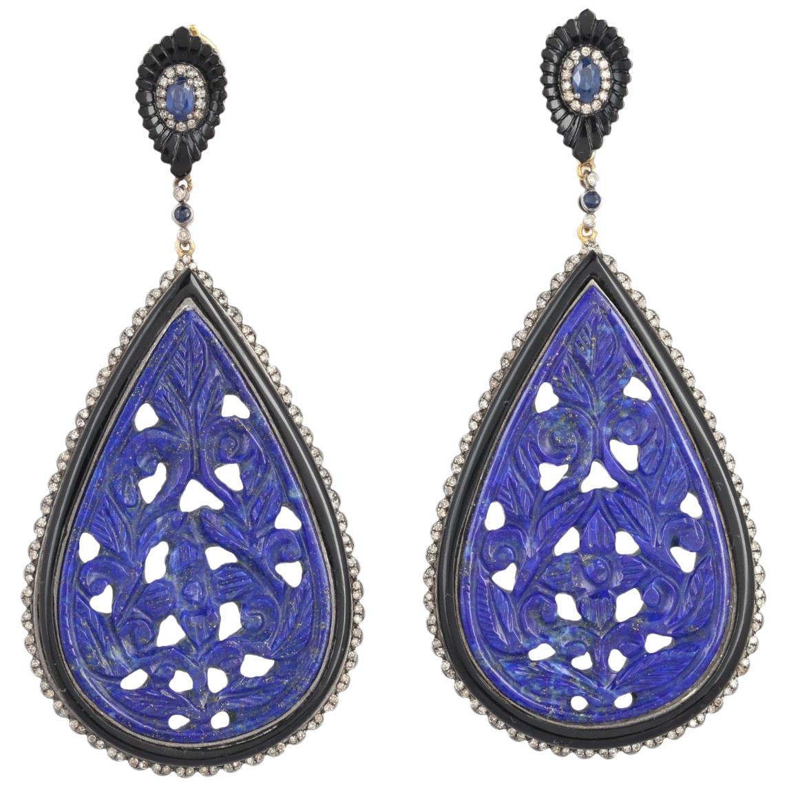 Lapis Blue Sapphire Black Onyx Diamond Earrings For Sale