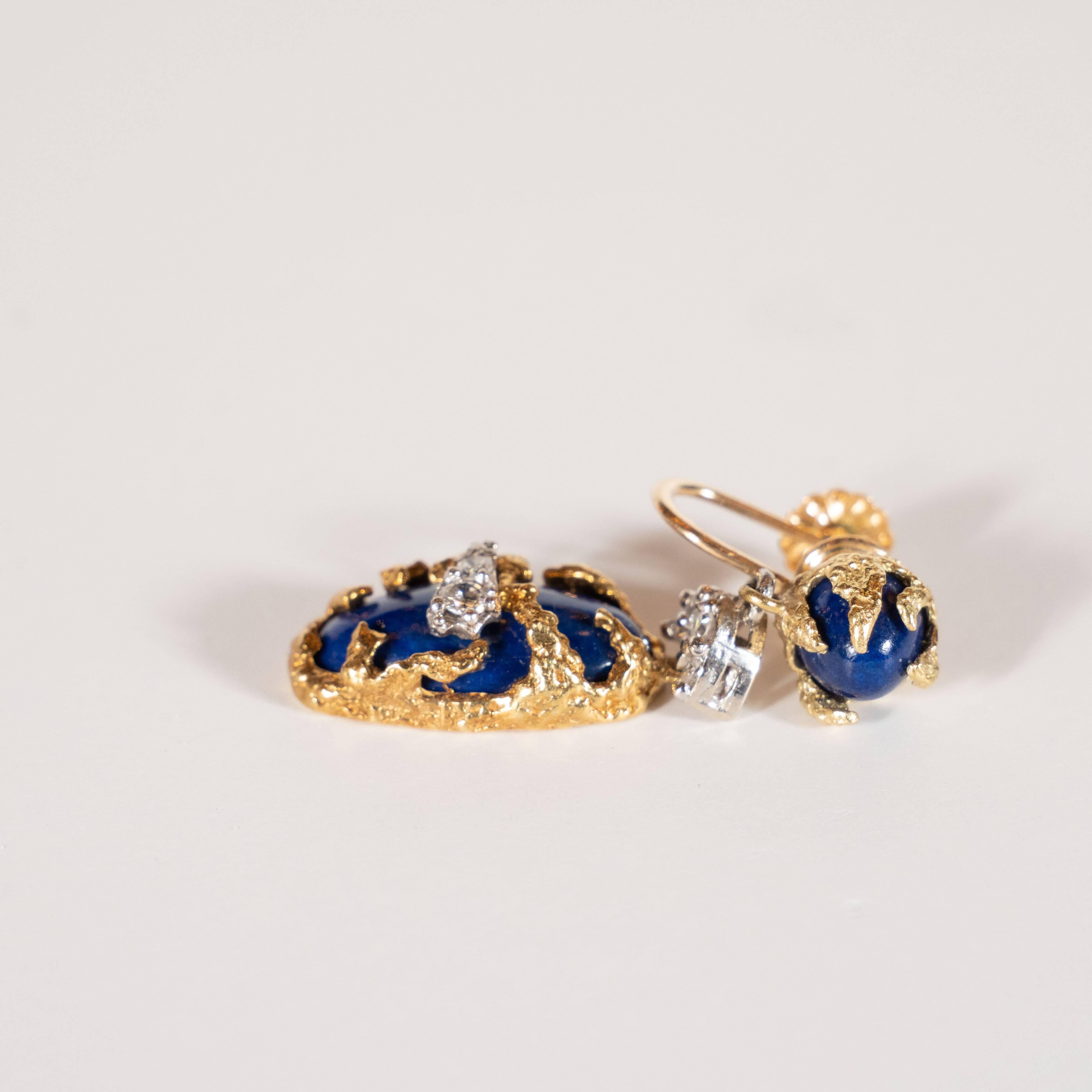 Modernist Lapis, Brilliant Cut Diamonds, 18kt Gold & Platinum Earrings by La Triomphe