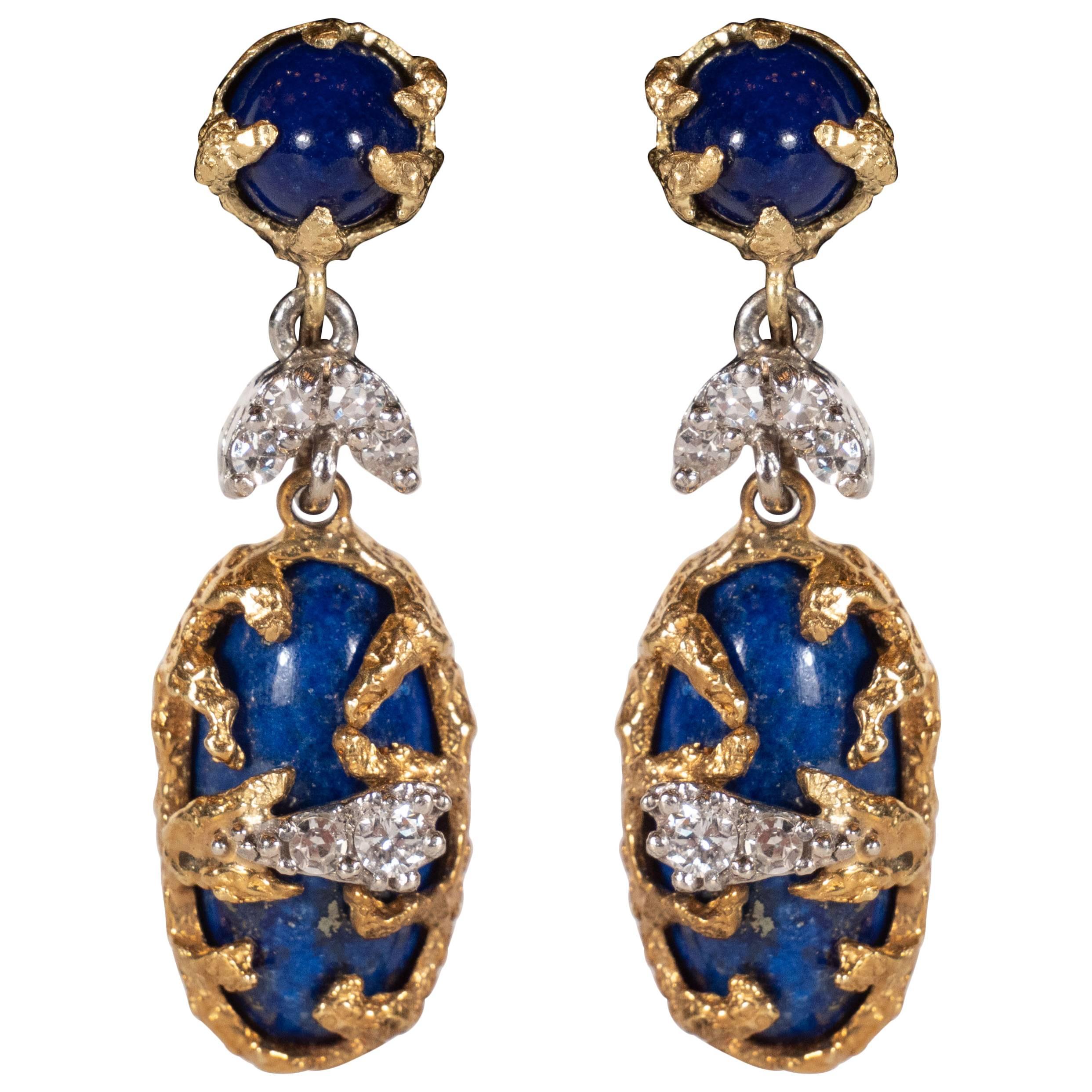 Lapis, Brilliant Cut Diamonds, 18kt Gold & Platinum Earrings by La Triomphe