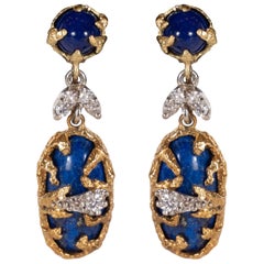Lapis, Brilliant Cut Diamonds, 18kt Gold & Platinum Earrings by La Triomphe