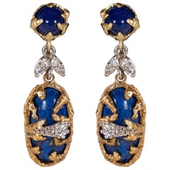 Lapis, Brilliant Cut Diamonds, 18kt Gold & Platinum Earrings by La Triomphe