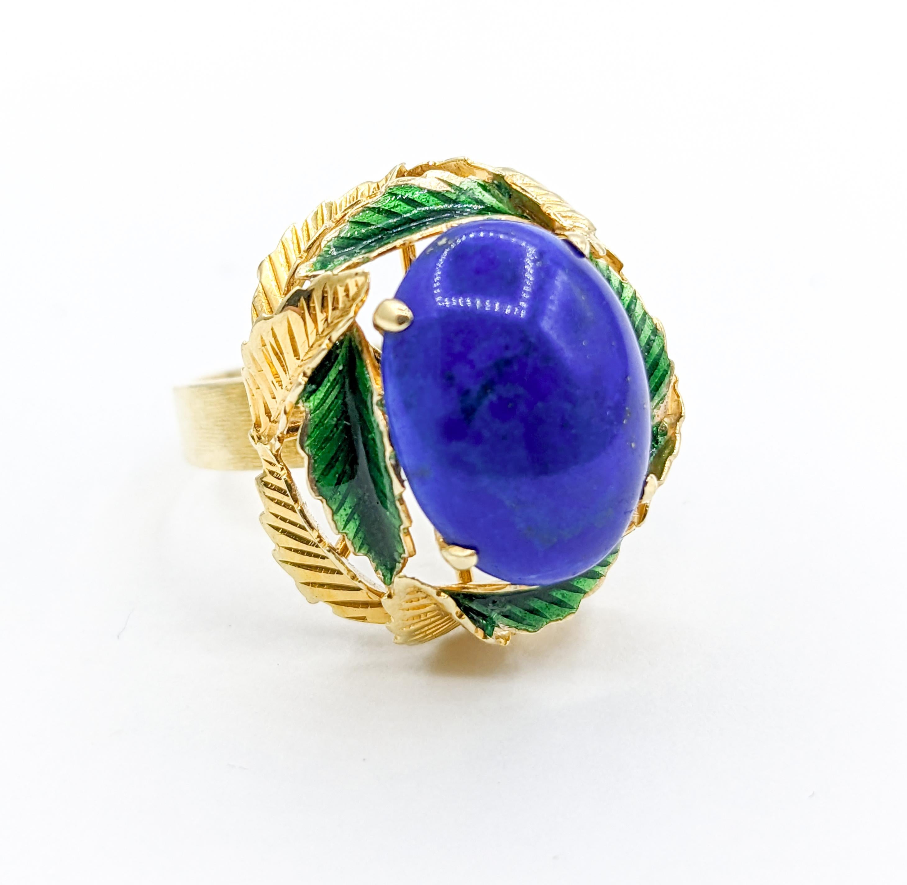  Lapis Cabochon Ring with Enamel Leaf Details For Sale 6