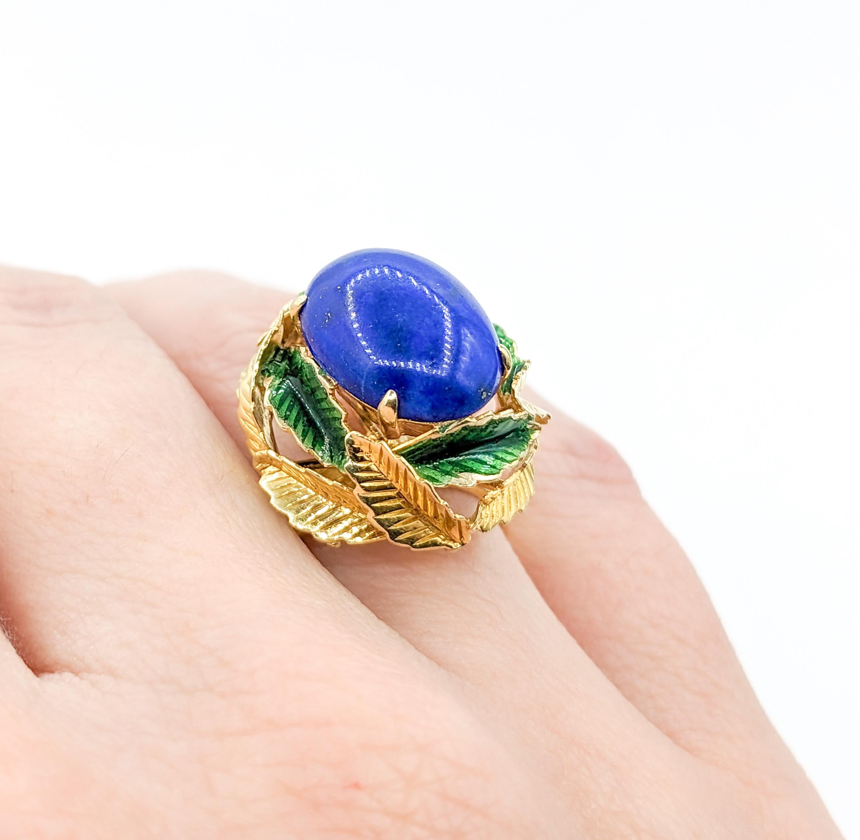  Lapis Cabochon Ring with Enamel Leaf Details In Excellent Condition In Bloomington, MN