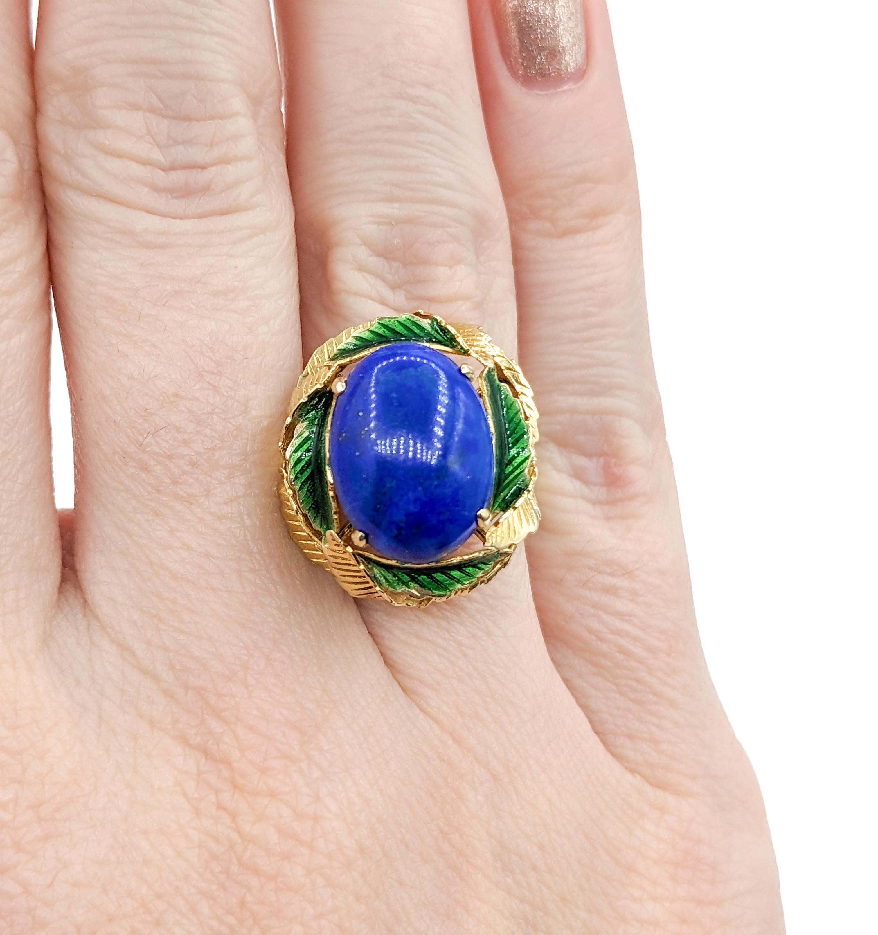 Women's  Lapis Cabochon Ring with Enamel Leaf Details For Sale