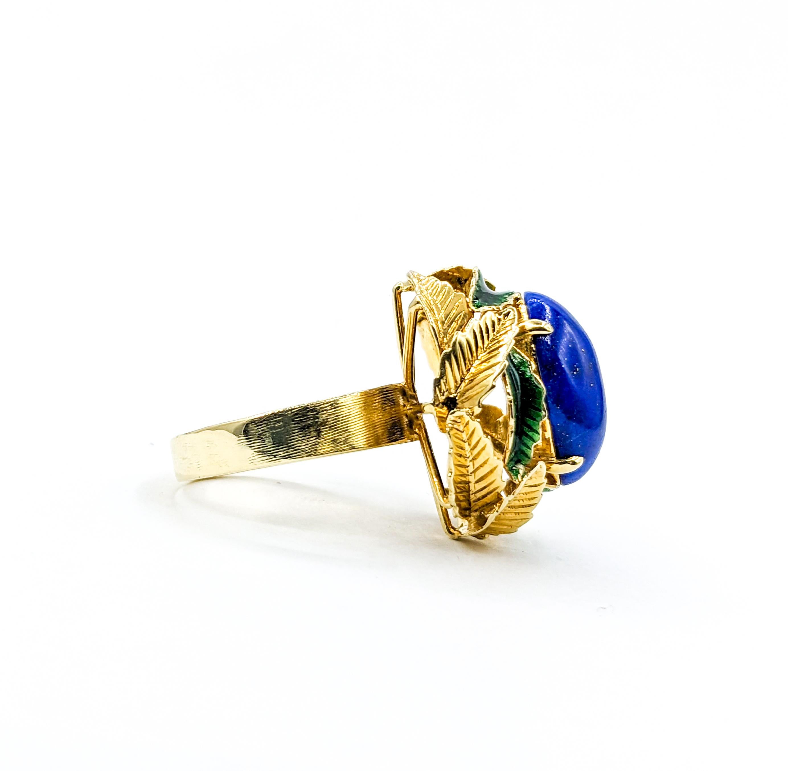  Lapis Cabochon Ring with Enamel Leaf Details For Sale 1