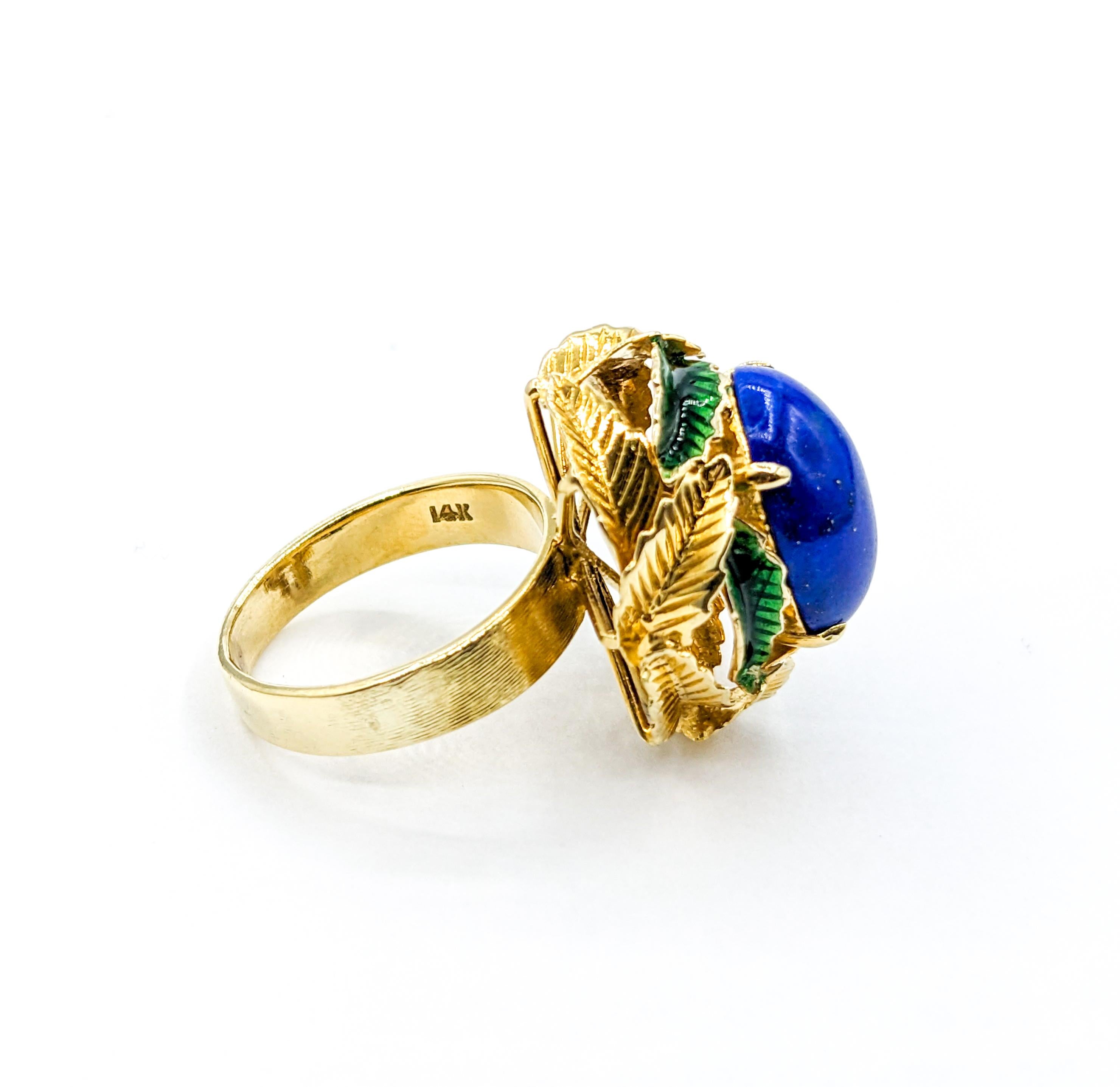  Lapis Cabochon Ring with Enamel Leaf Details For Sale 3