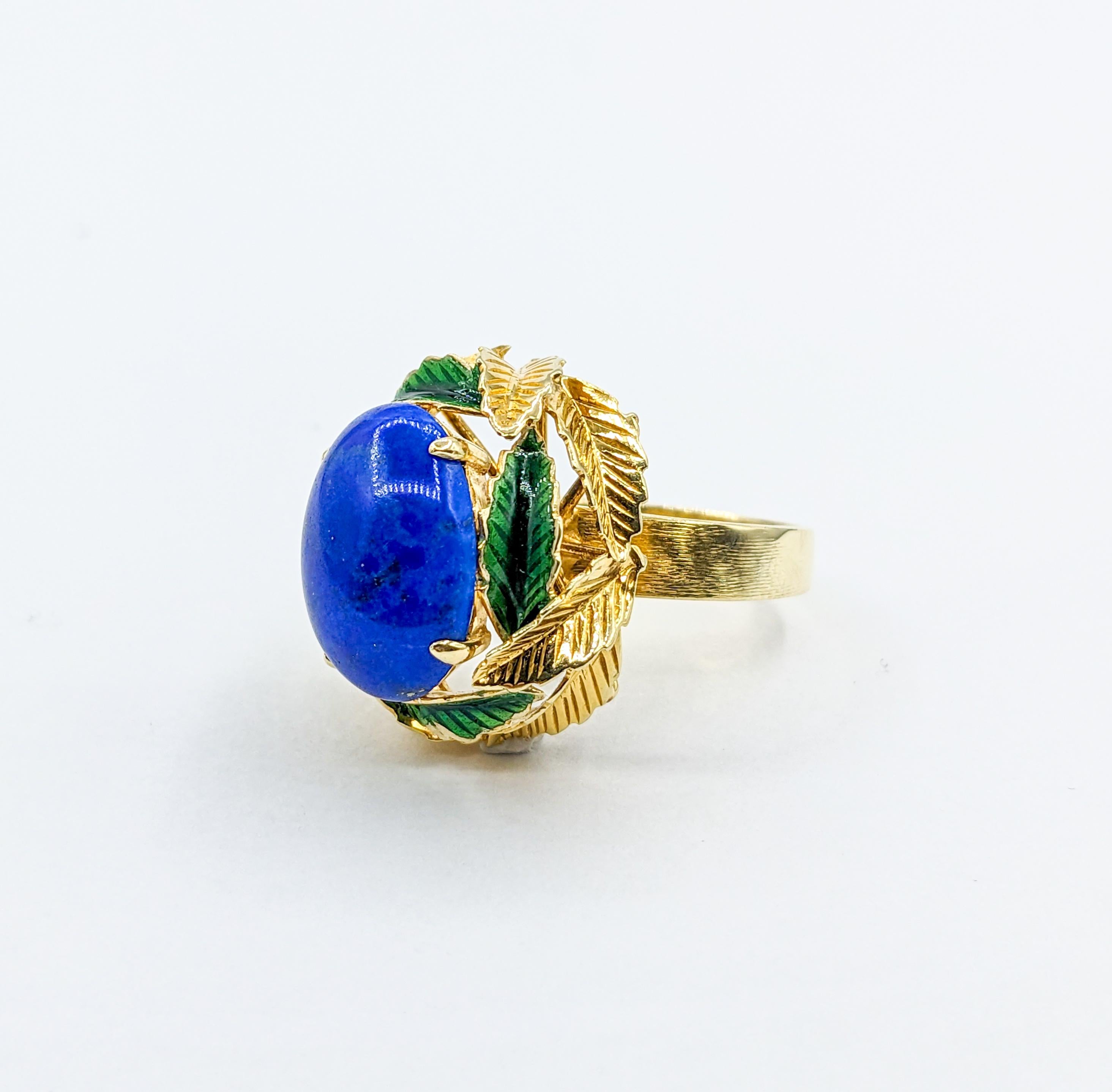  Lapis Cabochon Ring with Enamel Leaf Details For Sale 4