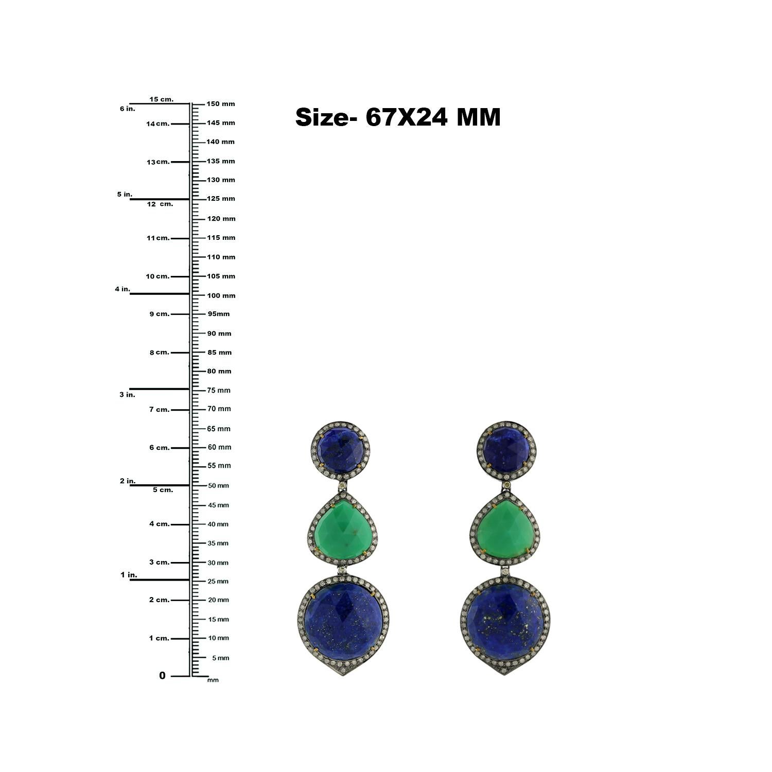Mixed Cut Lapis & Chrysoprase Gemstone Earring with Diamonds Made in 18k Gold & Silver For Sale