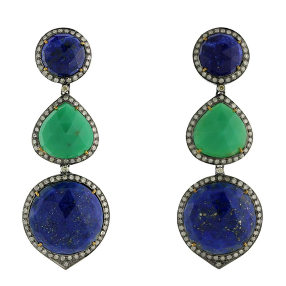 Lapis & Chrysoprase Gemstone Earring with Diamonds Made in 18k Gold & Silver In New Condition For Sale In New York, NY