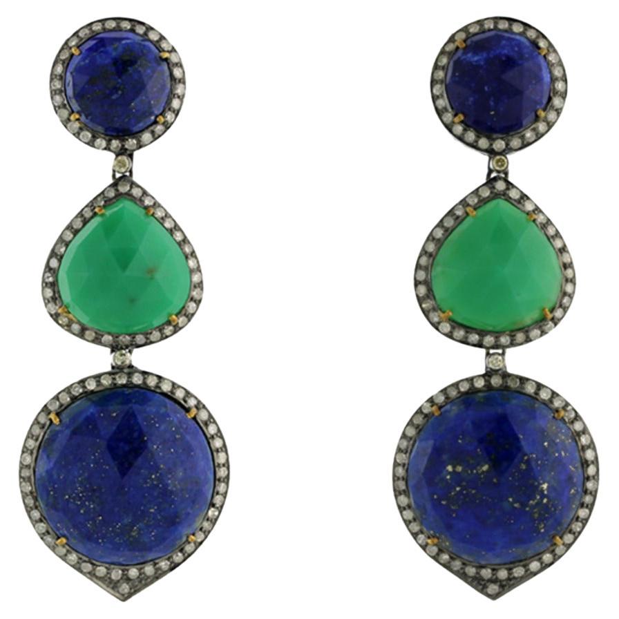 Lapis & Chrysoprase Gemstone Earring with Diamonds Made in 18k Gold & Silver For Sale