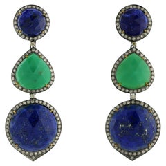 Lapis & Chrysoprase Gemstone Earring with Diamonds Made in 18k Gold & Silver
