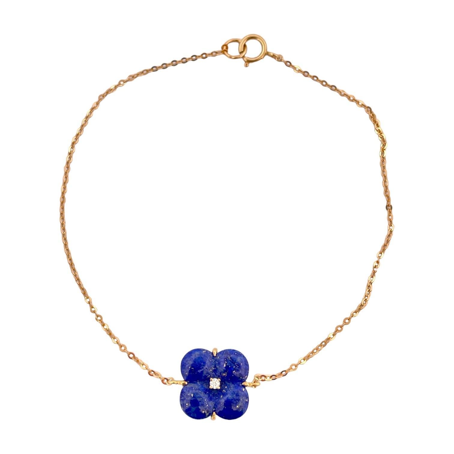 Taille ronde Bracelet Lapis Trèfle Diamant naturel Or 18K en vente