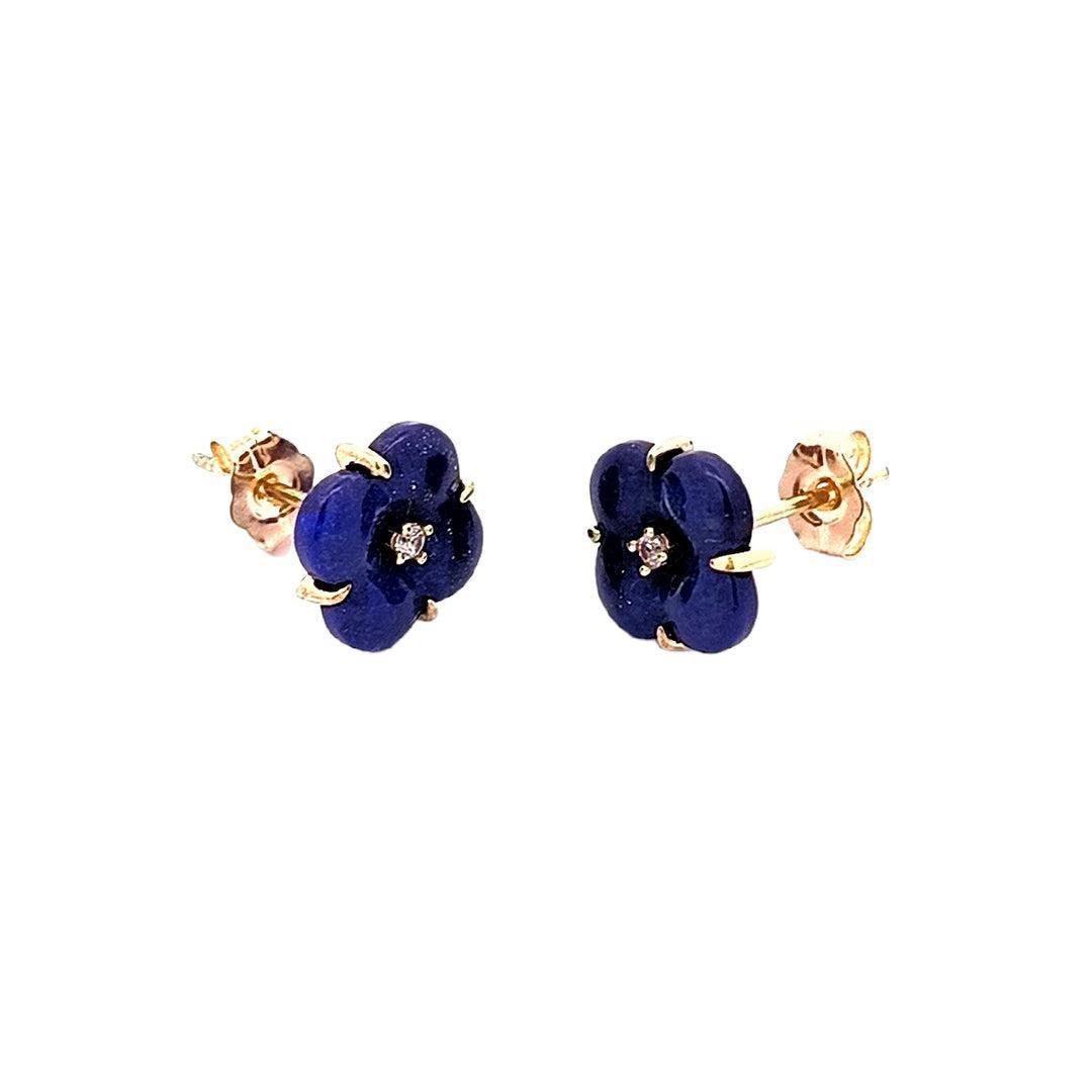 Round Cut Lapis Clover Natural Diamond Earring 18K Yellow Gold For Sale