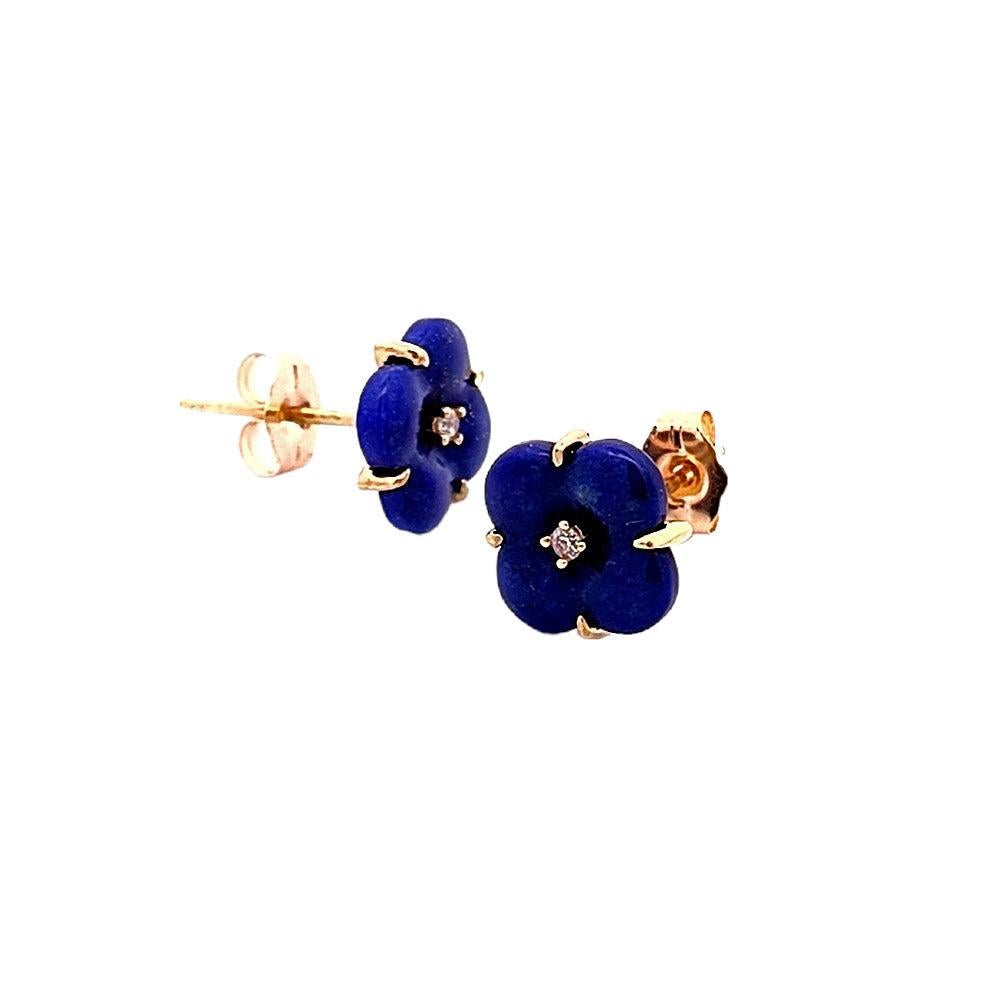 Lapis Clover Natural Diamond Earring 18K Yellow Gold In Good Condition For Sale In New York, NY