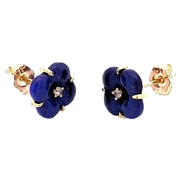 Lapis Clover Natural Diamond Earring 18K Yellow Gold For Sale