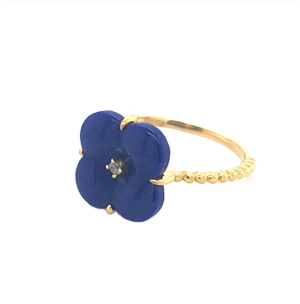 Lapis Clover Natural Diamond Ring 18K Yellow Gold In New Condition For Sale In New York, NY