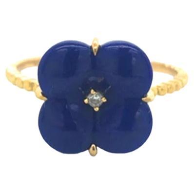 Lapis Clover Natural Diamond Ring 18K Yellow Gold For Sale
