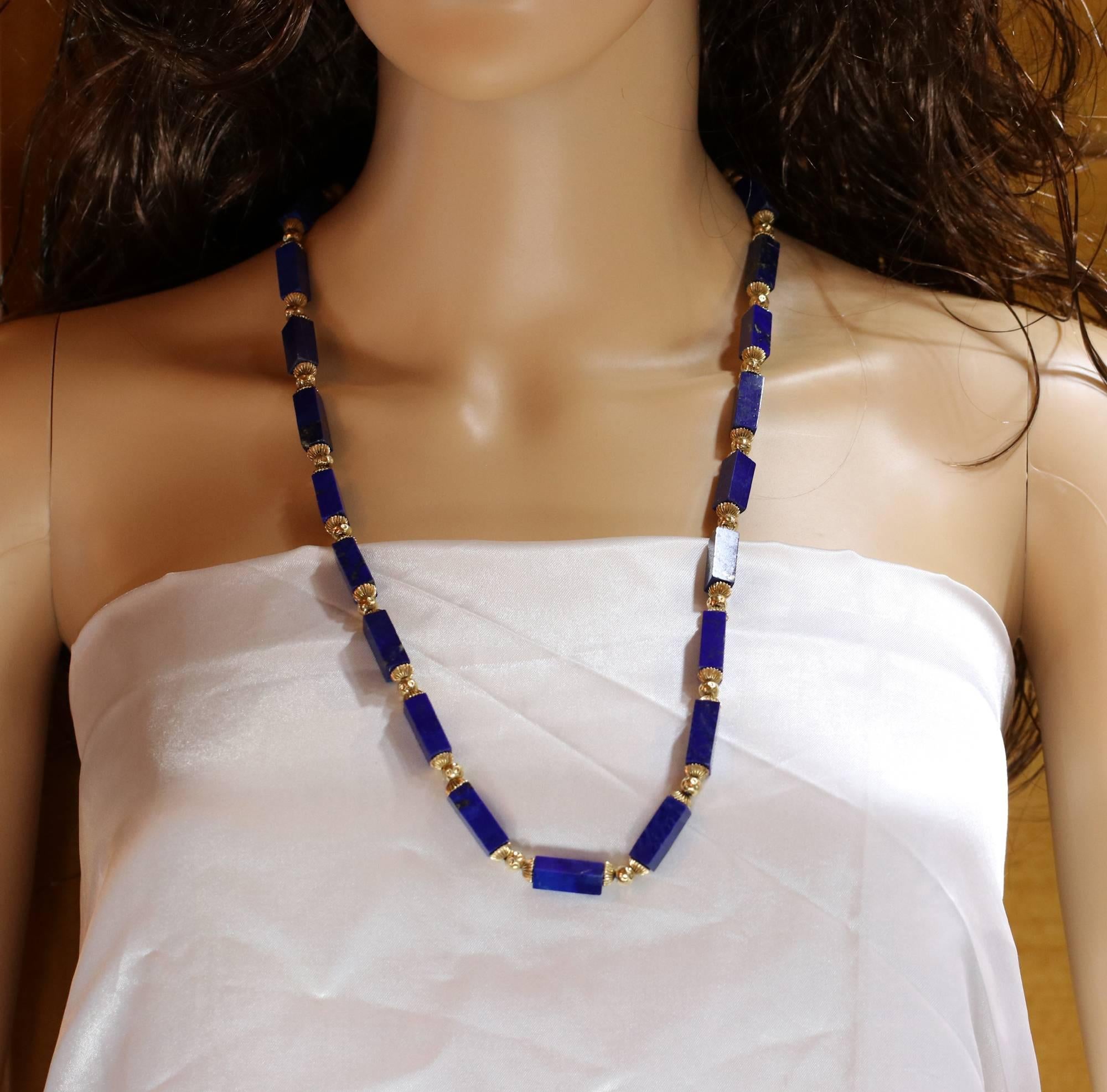 Lapis Columns with Gold Beads Necklace In Good Condition In Palm Beach, FL