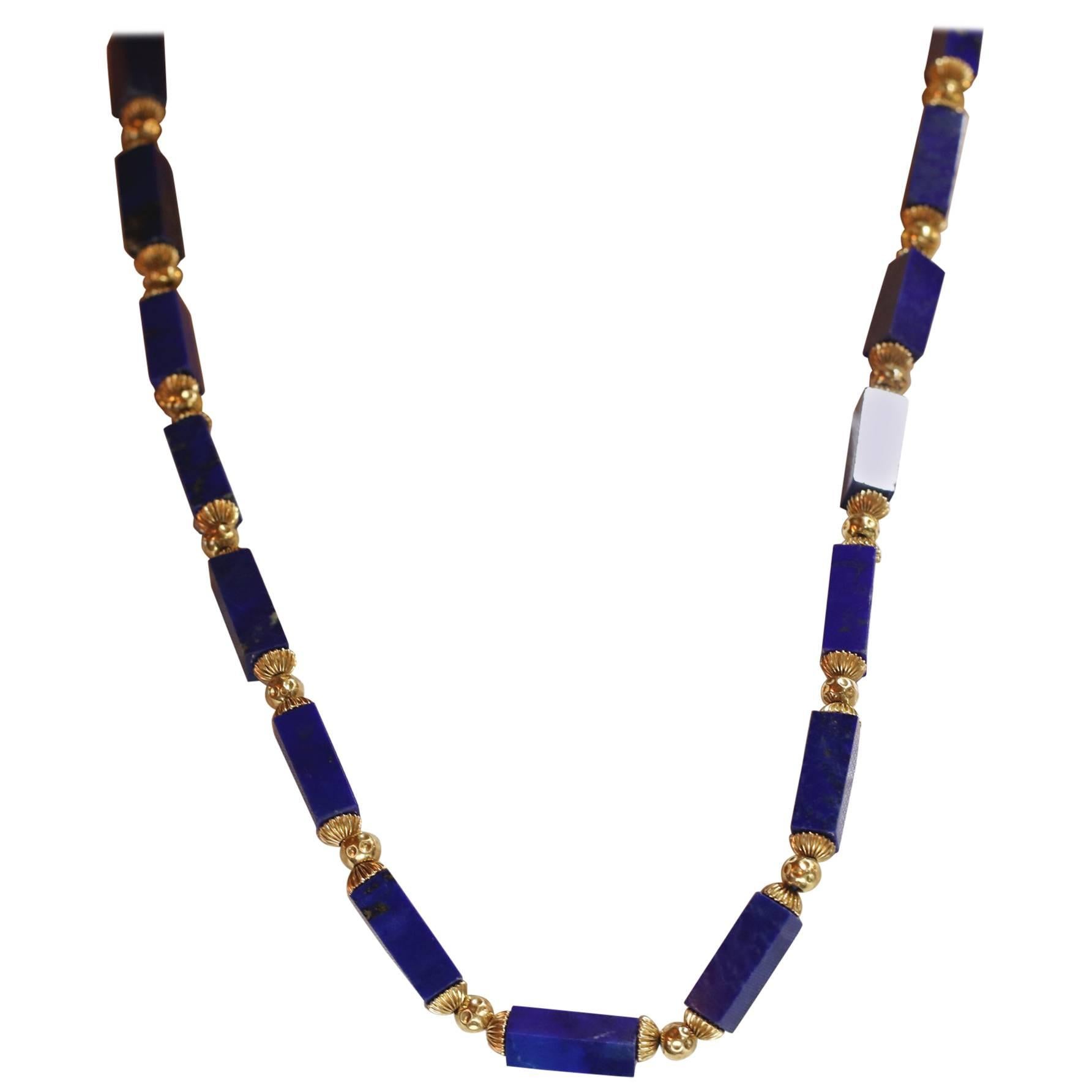 Lapis Columns with Gold Beads Necklace