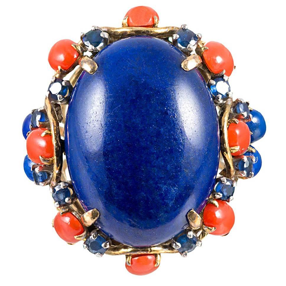 Lapis, Coral and Blue Sapphire Dome Ring