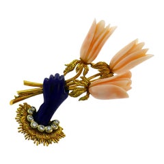 Lapis Coral Diamond Yellow Gold Brooch Pin Clip, 1970s, French