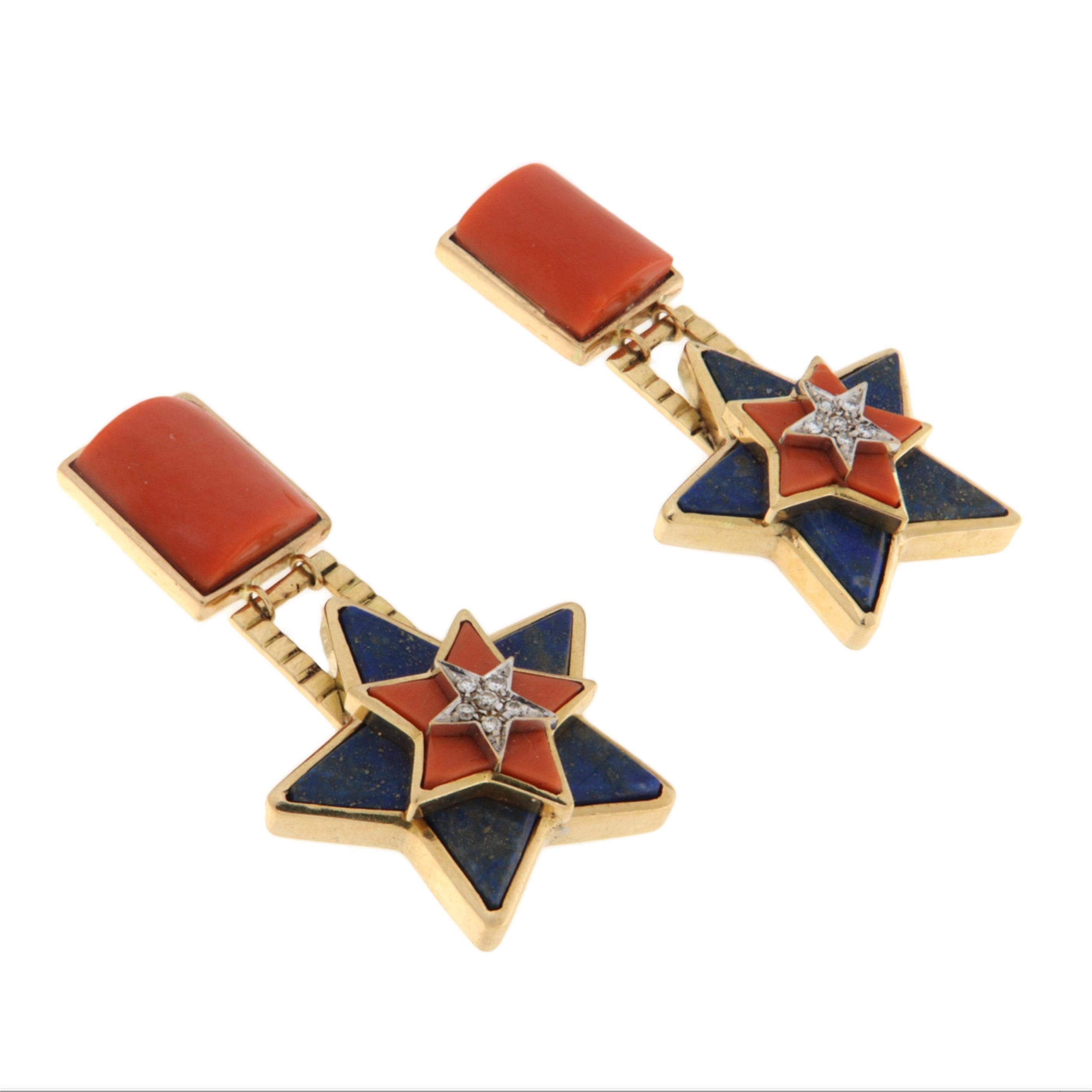 Taille brillant Pendants d'oreilles en or jaune 18 carats avec lapis, corail et diamants en vente