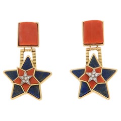 Lapis Coral Diamonds 18 Karat Yellow Gold Drop Earrings