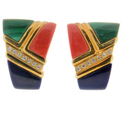 Lapis, Coral, Malachite 18 Karat Yellow Gold Diamonds Stud Earrings