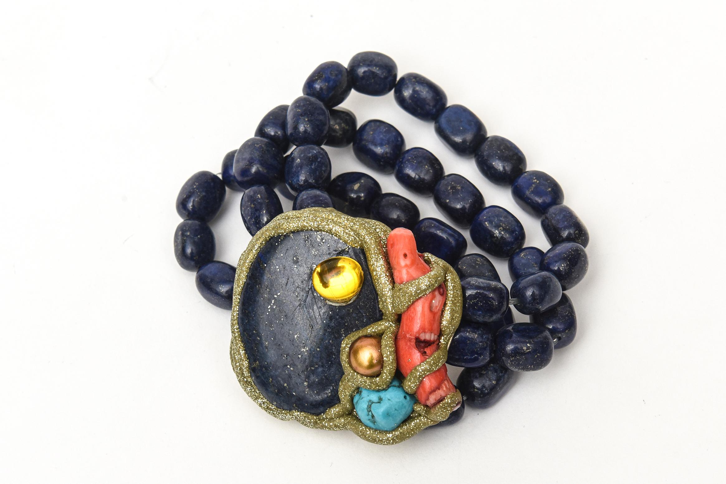 Modern Lapis, Coral, Turquoise and Brass Hand Wrought Bracelet One of a Kind For Sale