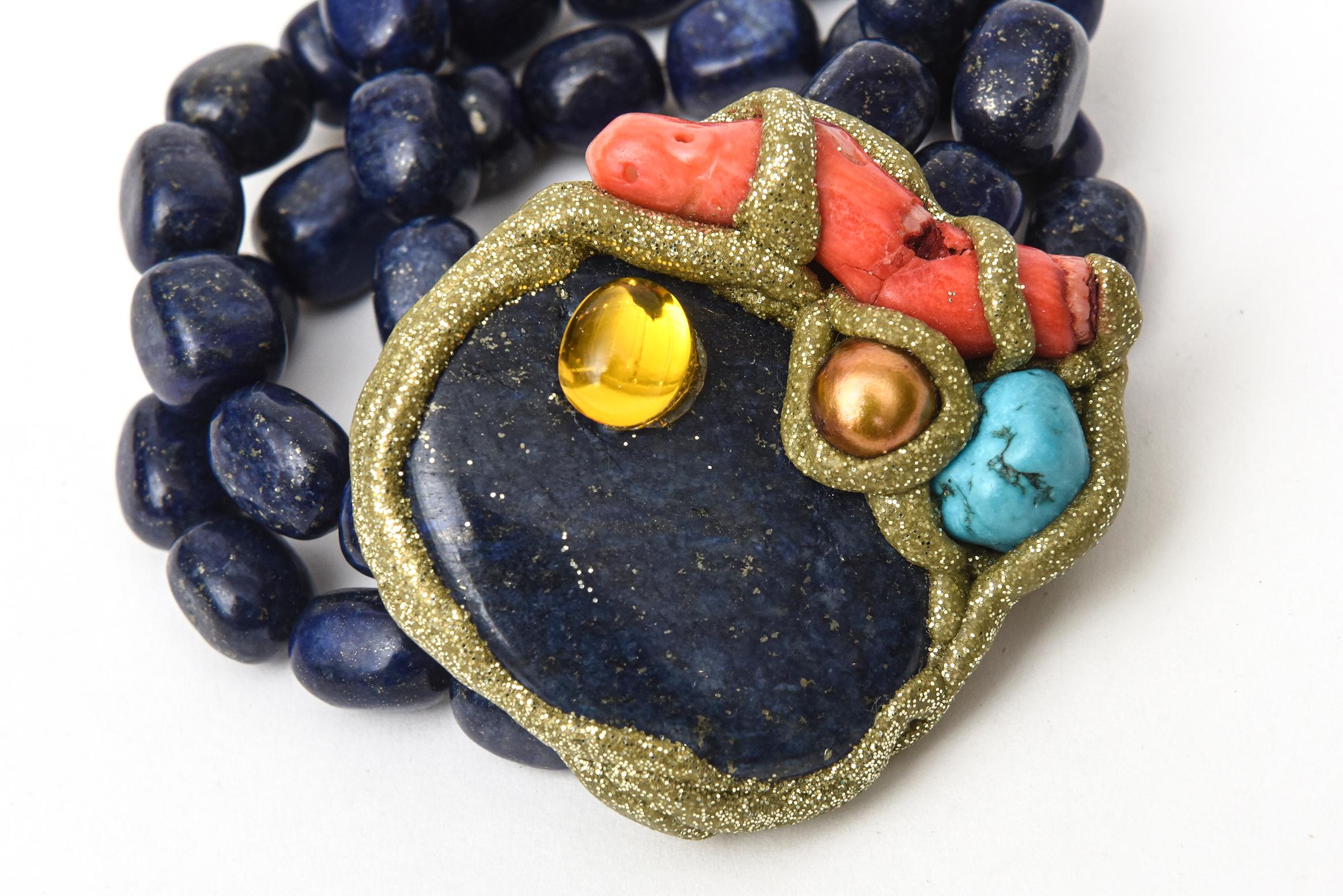Bead Lapis, Coral, Turquoise and Brass Hand Wrought Bracelet One of a Kind For Sale