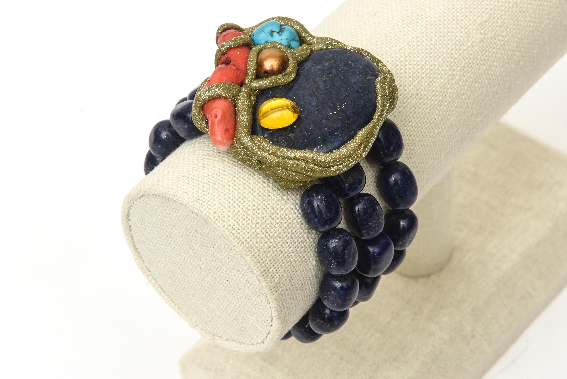 Women's Lapis, Coral, Turquoise and Brass Hand Wrought Bracelet One of a Kind For Sale