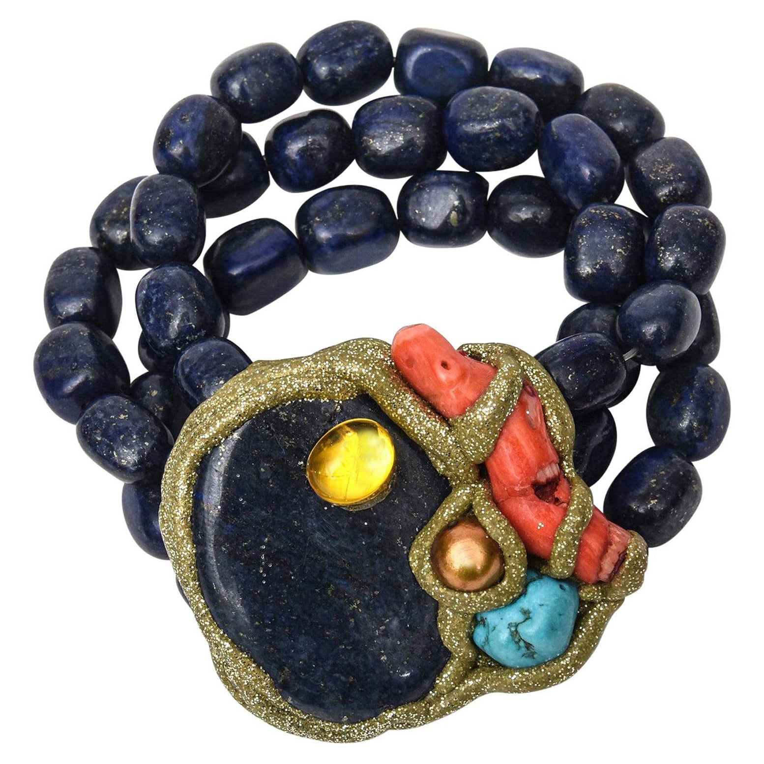 Lapis, Coral, Turquoise and Brass Hand Wrought Bracelet One of a Kind For Sale