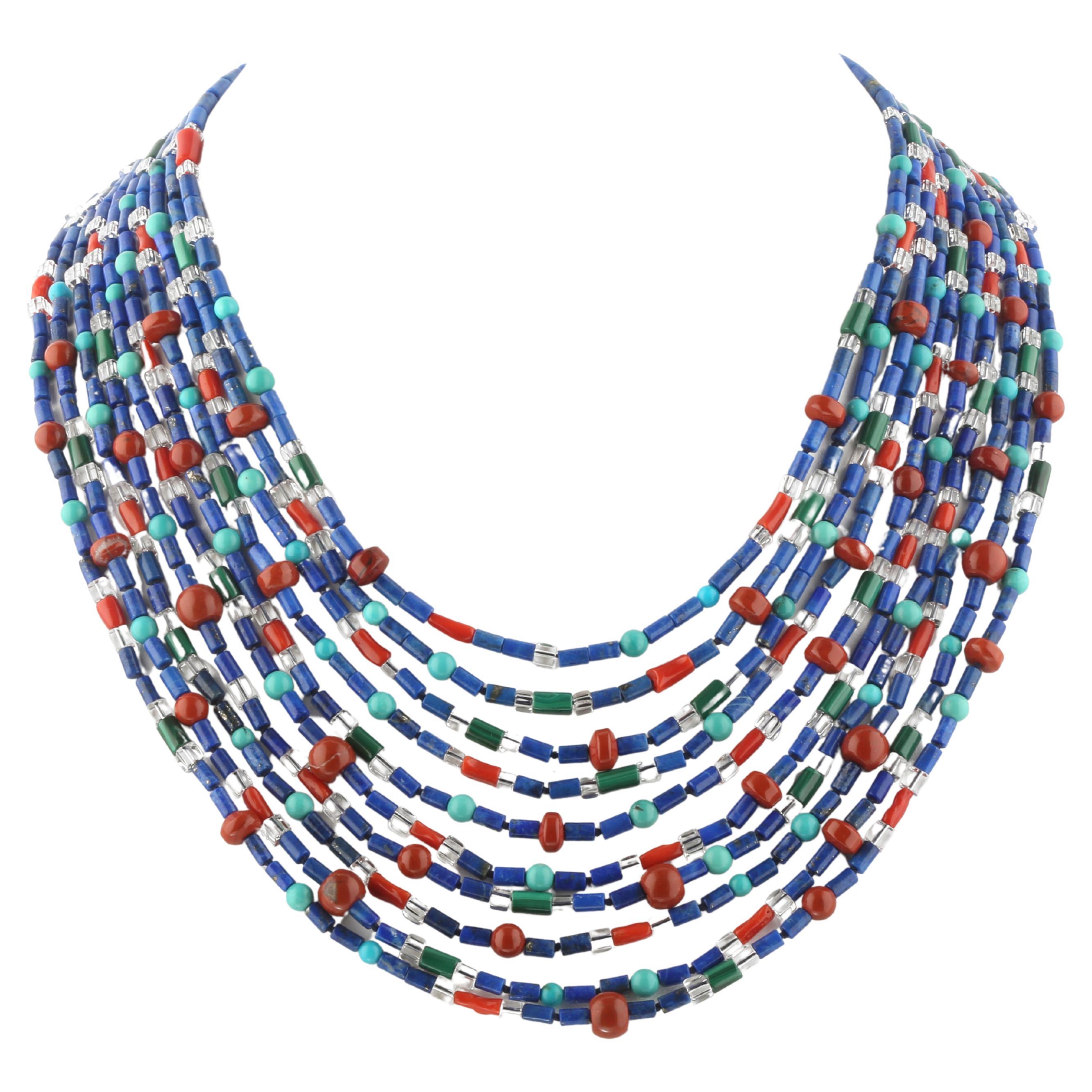 Lapis Coral Turquoise Malachite Quartz Jasper Multistrand Intini Jewels Necklace For Sale