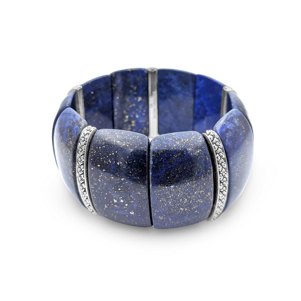Artisan Lapis Cushion Stretch Bracelet with Flower Engraved Sterling Silver Spacers For Sale