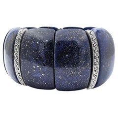 Lapis Cushion Stretch Bracelet with Flower Engraved Sterling Silver Spacers