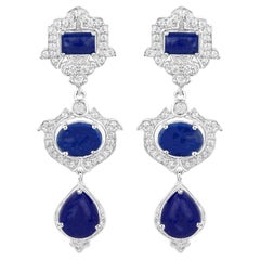 Lapis Dangle Earrings White Topaz 9.3 Carats Sterling Silver