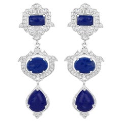 Lapis Dangle Earrings White Topaz 9.3 Carats Sterling Silver