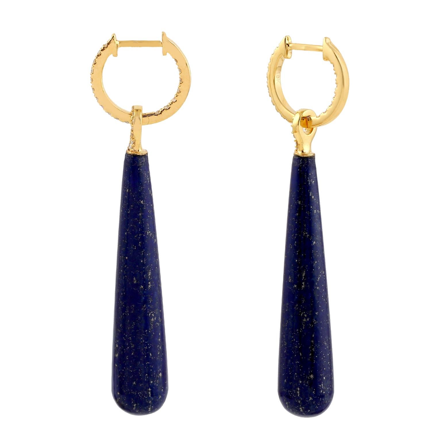 Taille mixte Boucles d'oreilles pendantes en Lapis avec diamants en or jaune 18k en vente