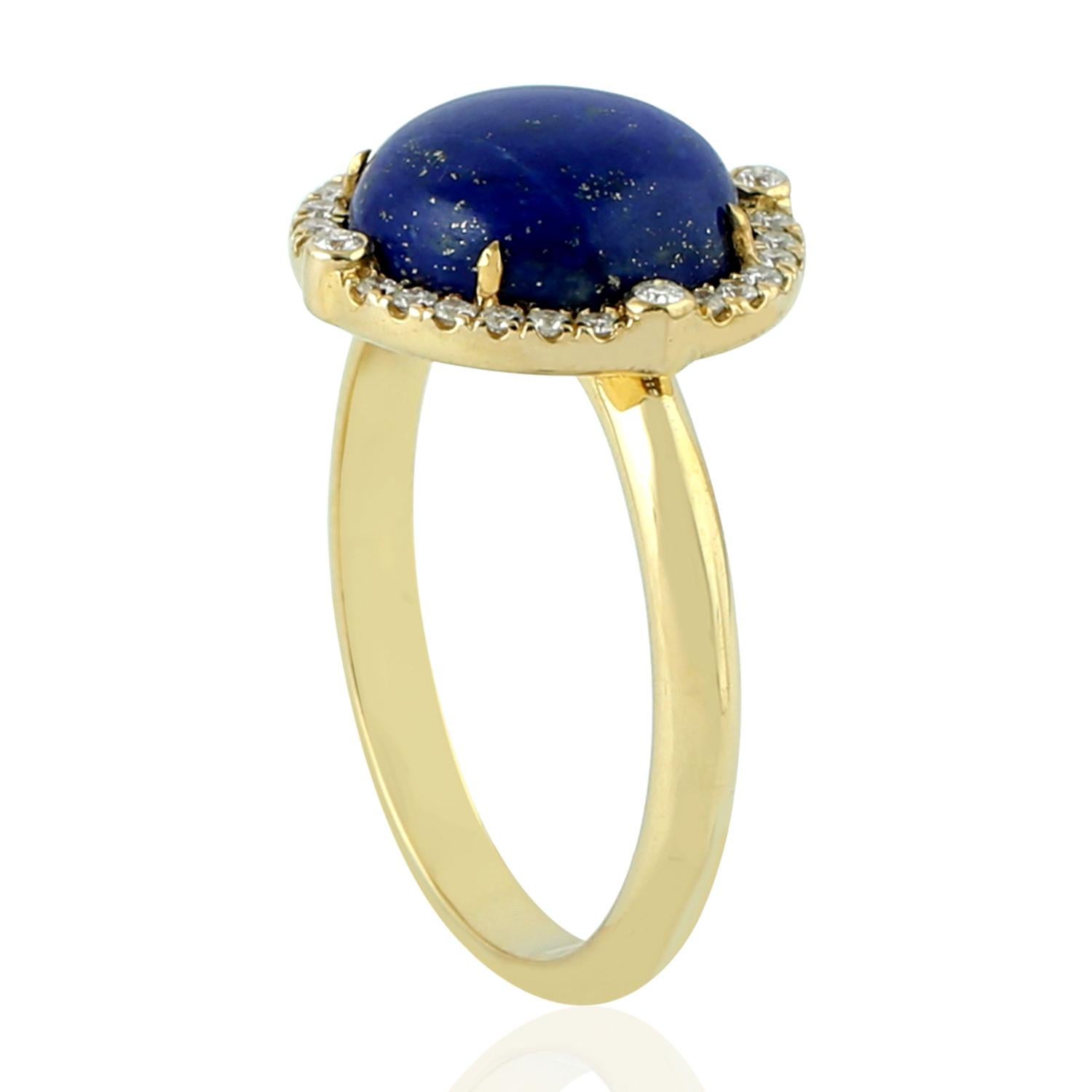 Round Cut Lapis Diamond 18 Karat Gold Stud Earrings For Sale