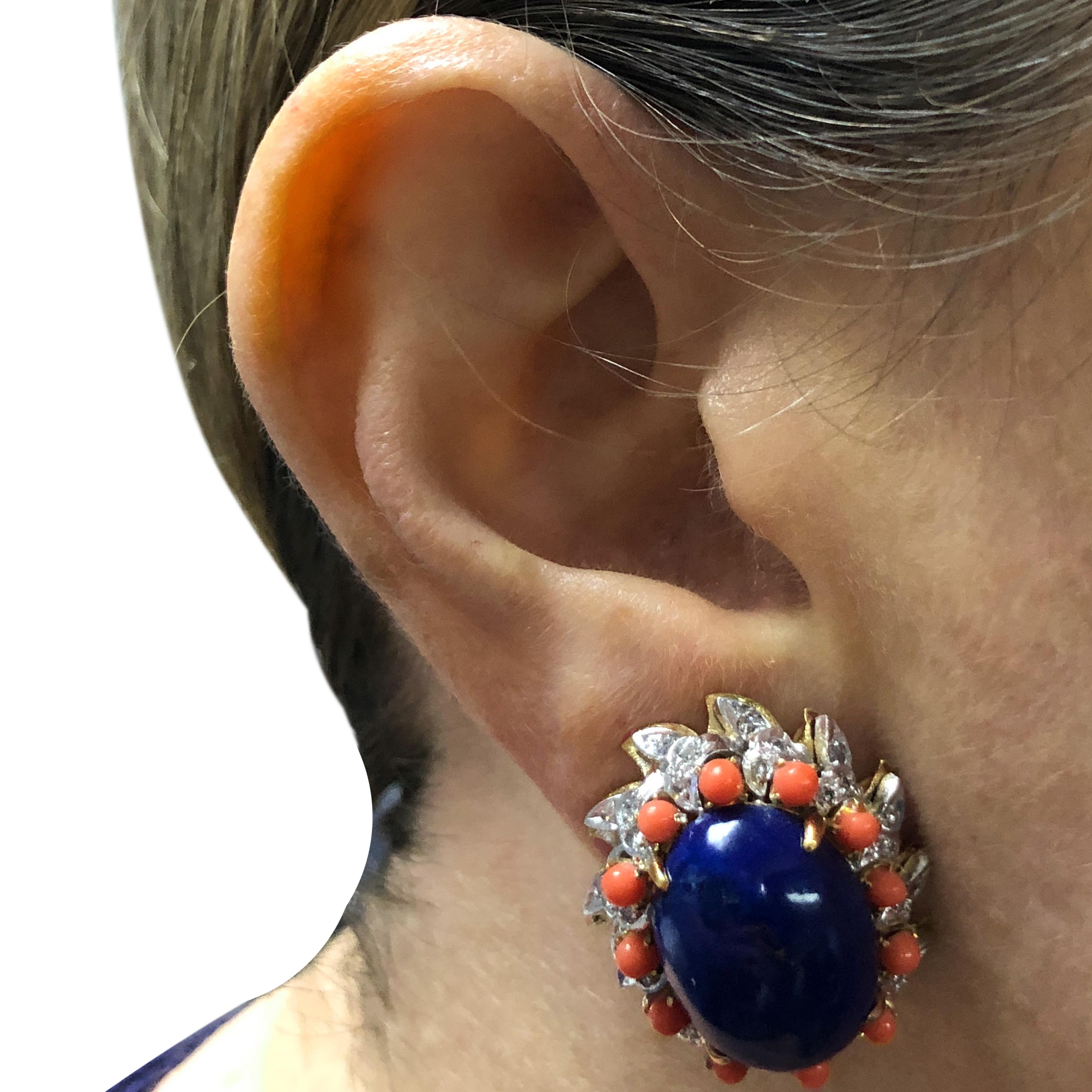 Modern Lapis, Diamond and Coral Clip-On Earrings, circa 1970s