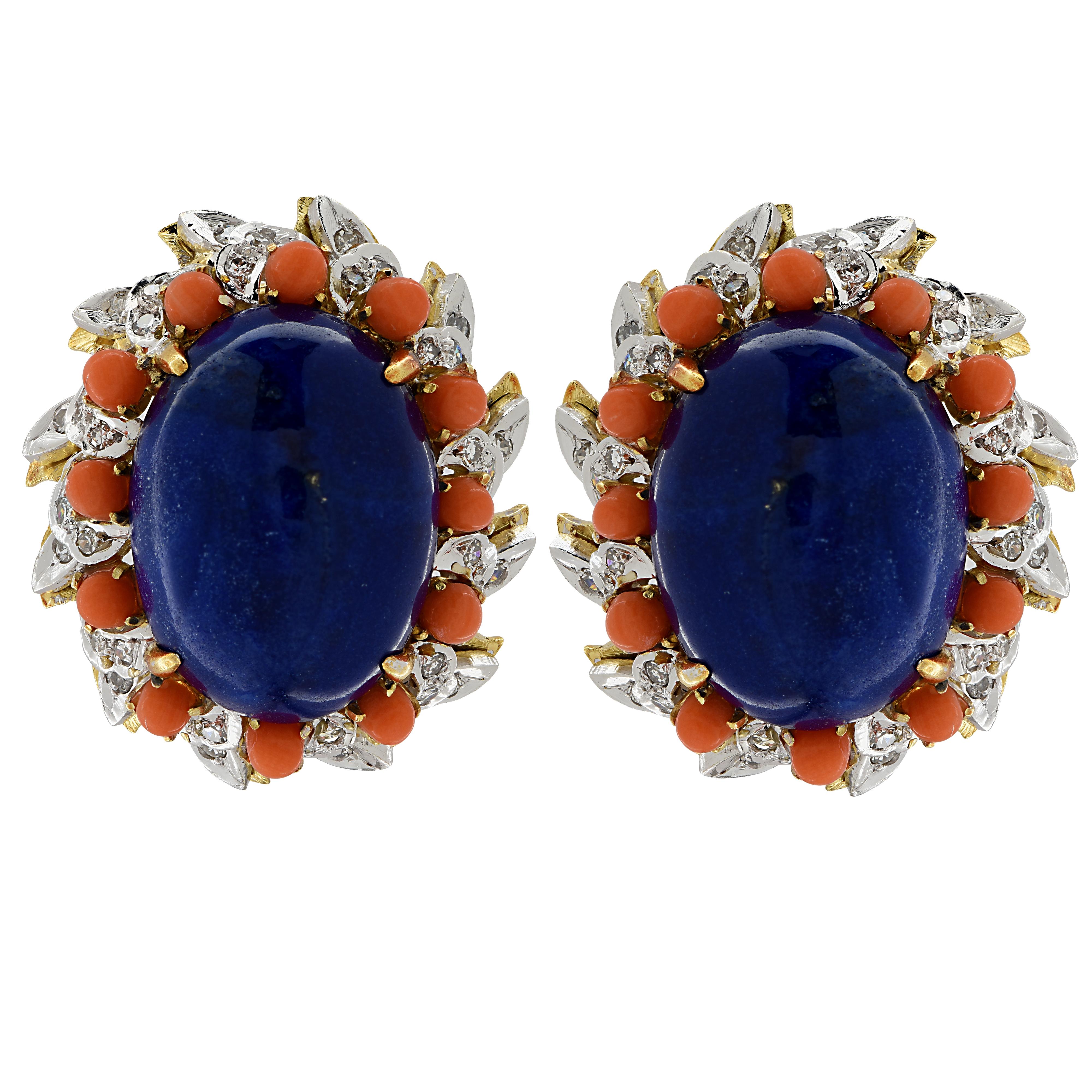 Oval Cut Lapis, Diamond and Coral Clip-On Earrings, circa 1970s