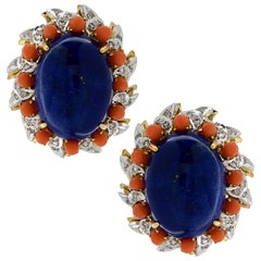 Lapis, Diamond and Coral Clip-On Earrings, circa 1970s
