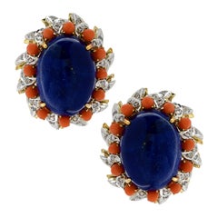 Lapis, Diamond and Coral Clip-On Earrings, circa 1970s
