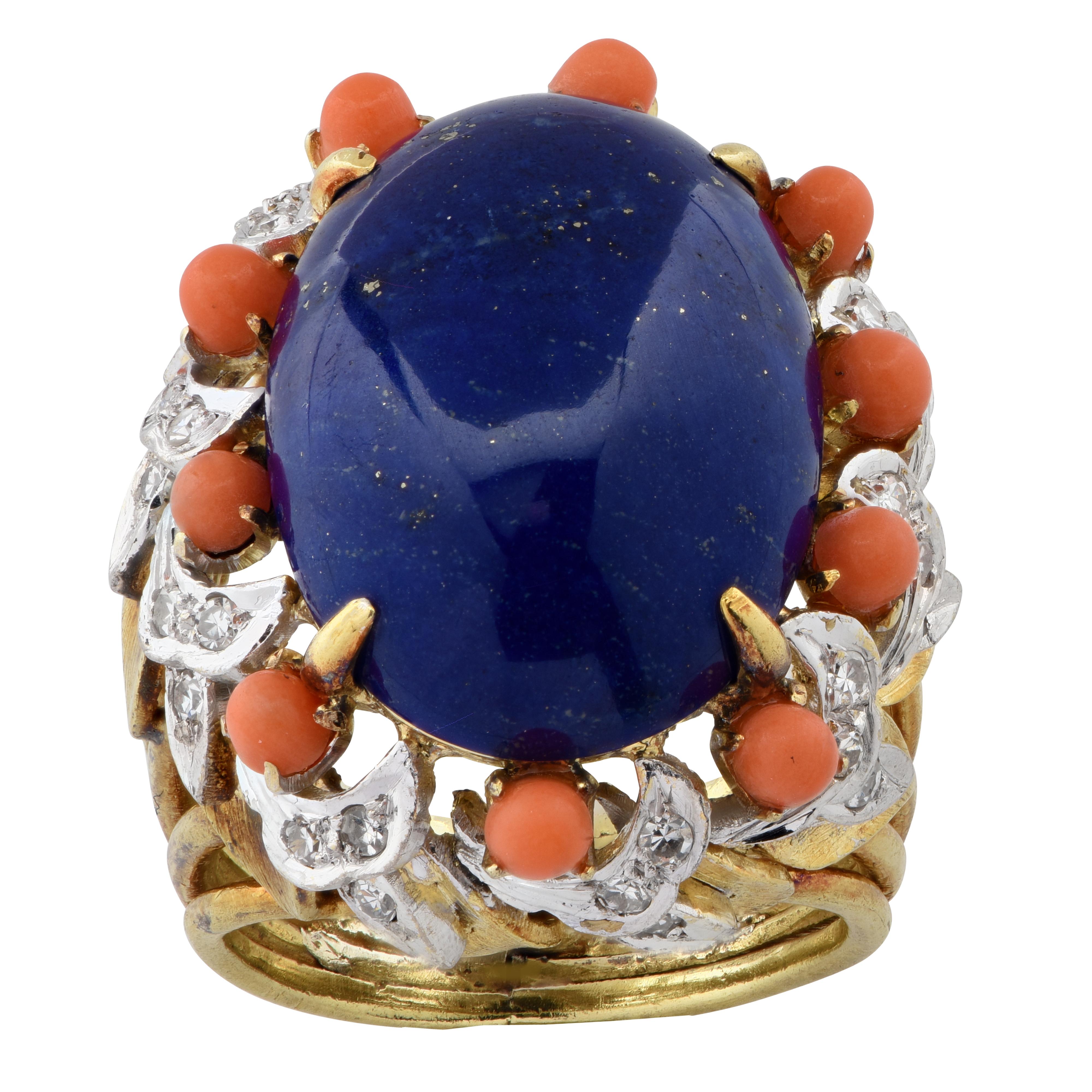 Oval Cut Lapis, Diamond and Coral Cocktail Ring, circa 1970s