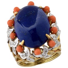 Lapis, Diamond and Coral Cocktail Ring, circa 1970s